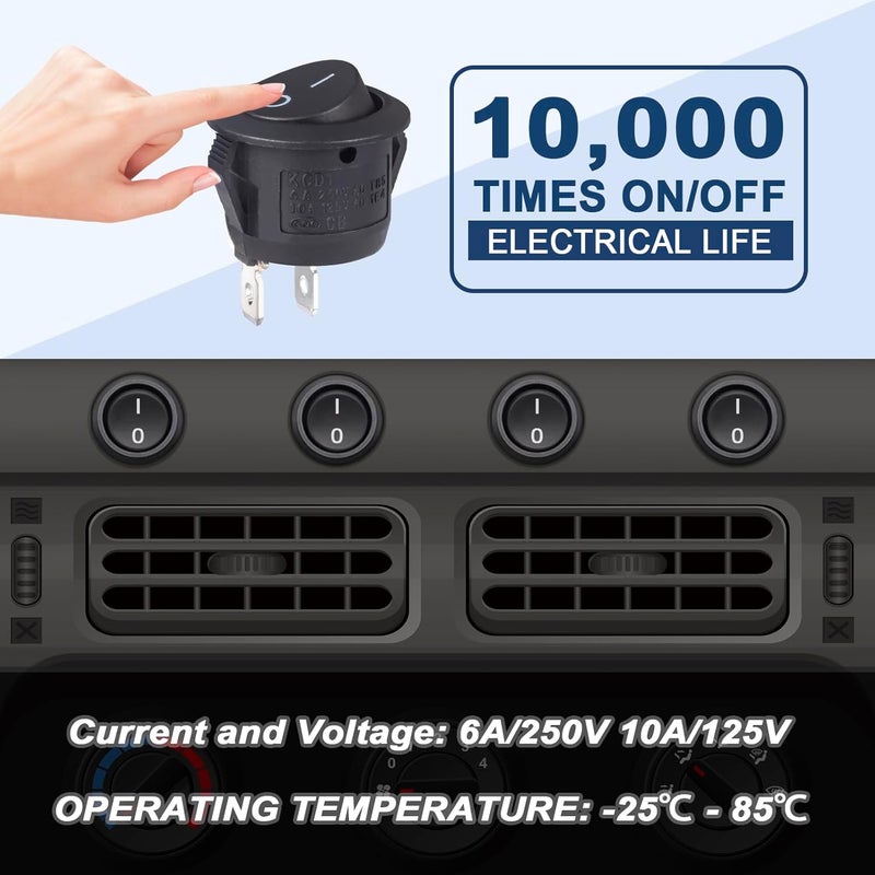 VEXUNGA Round Rocker Switch 12V Black On Off Mini Circle Switch 2 Pin 250V 6A 125V 10A KCD1 Round Toggle Switches for RV Car Truck Boat (Pack of 10pcs) - Image 5